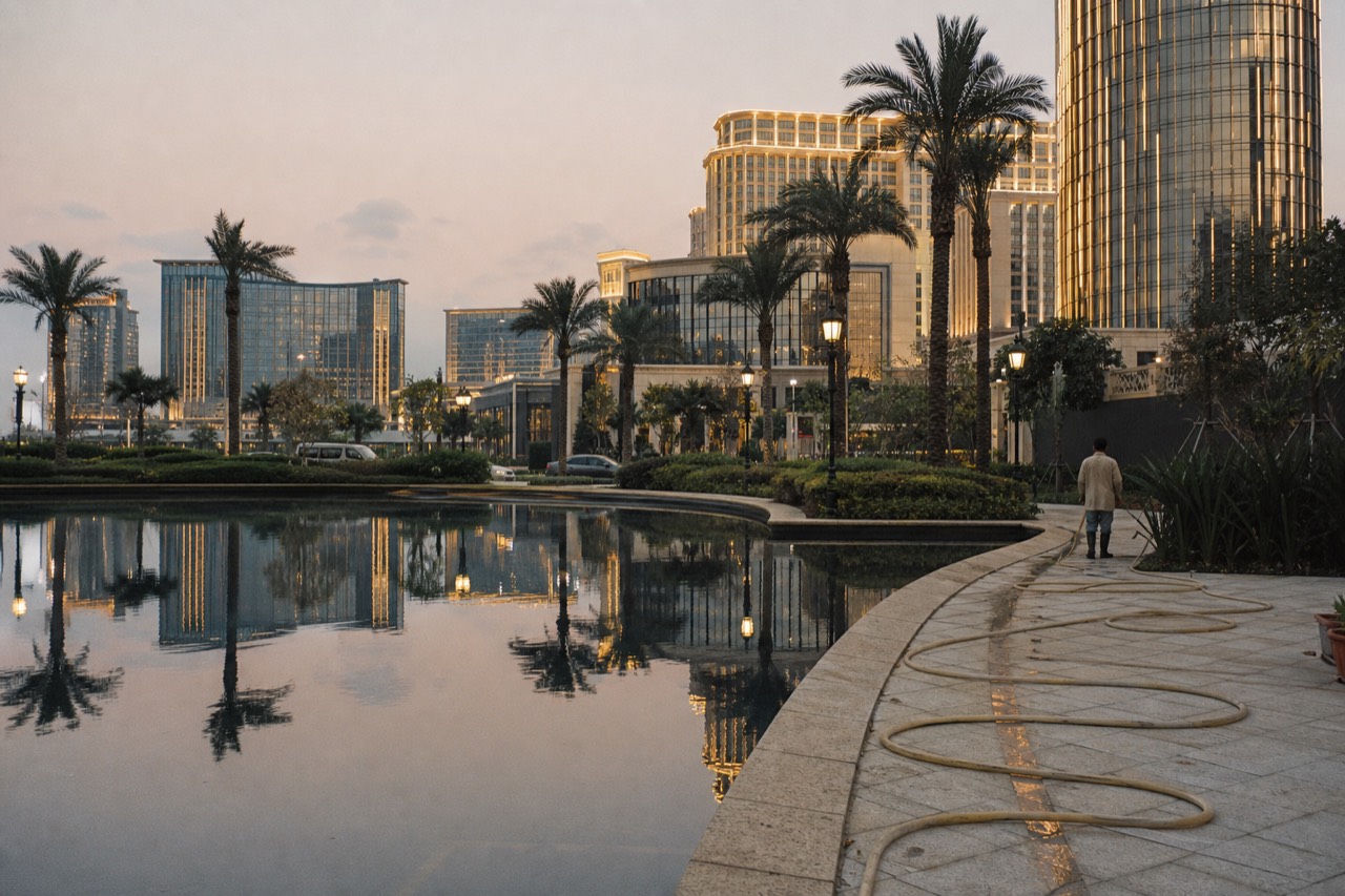 Cotai resort skyline at dusk seen across the water