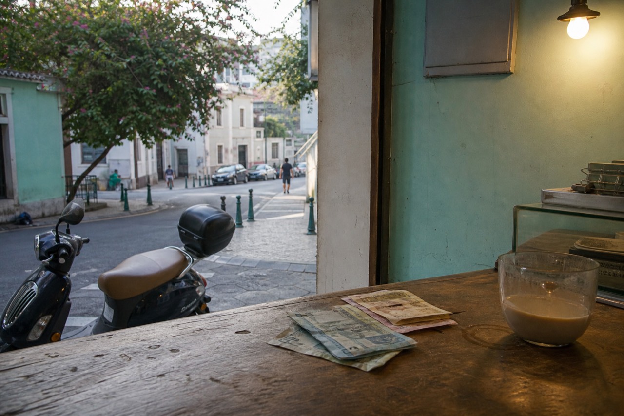 Macanese pataca and Hong Kong dollar banknotes beside a shop counter in Macau