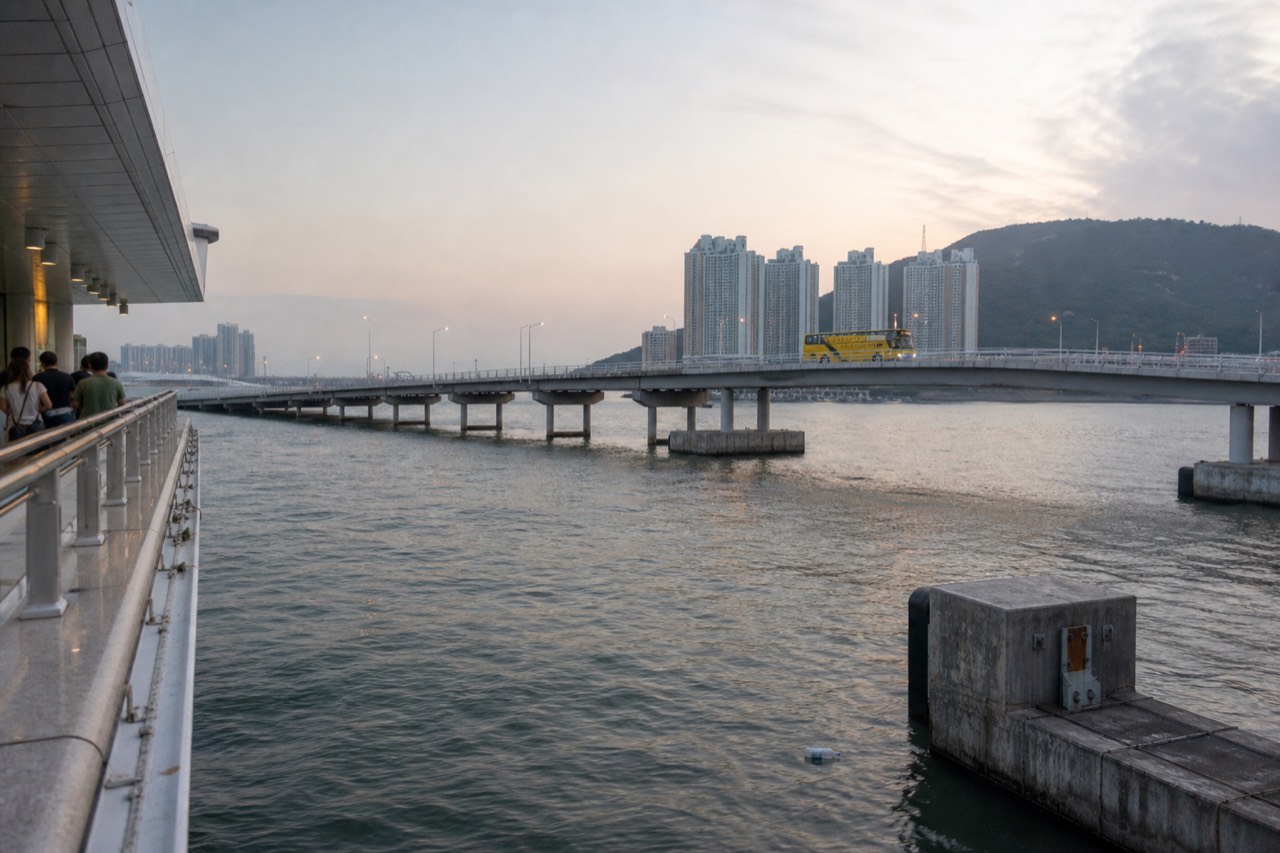 The Hong Kong-Zhuhai-Macau Bridge with a shuttle bus crossing