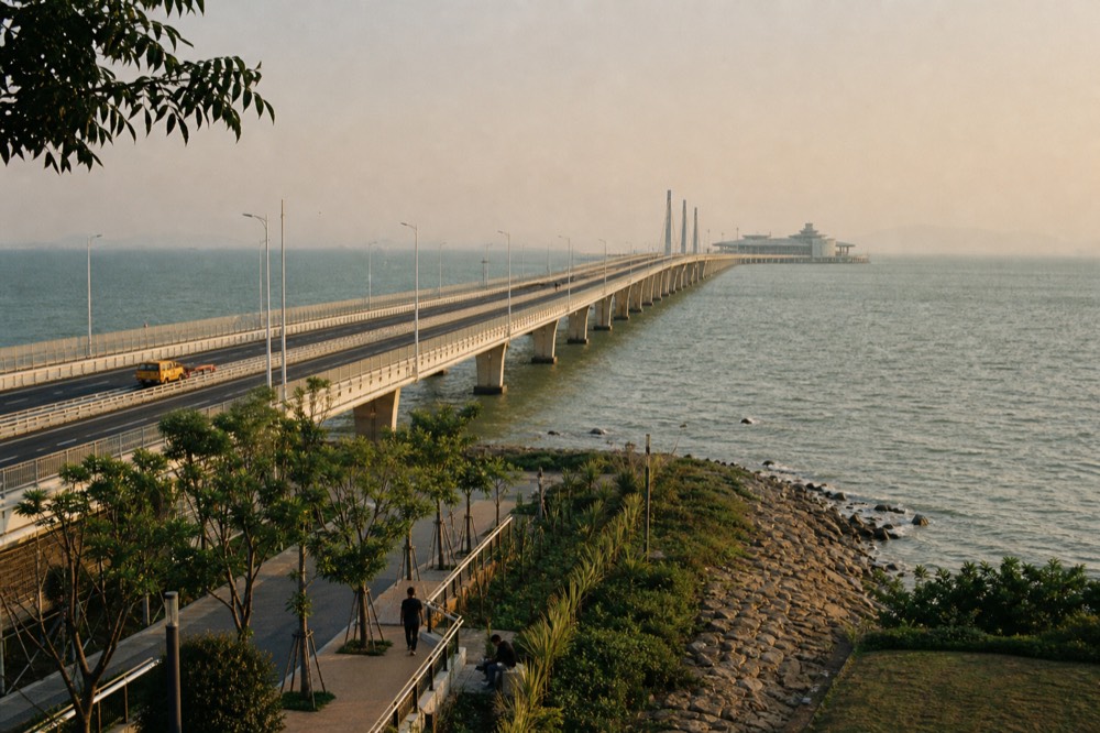A long bridge stretching across open sea toward a port building