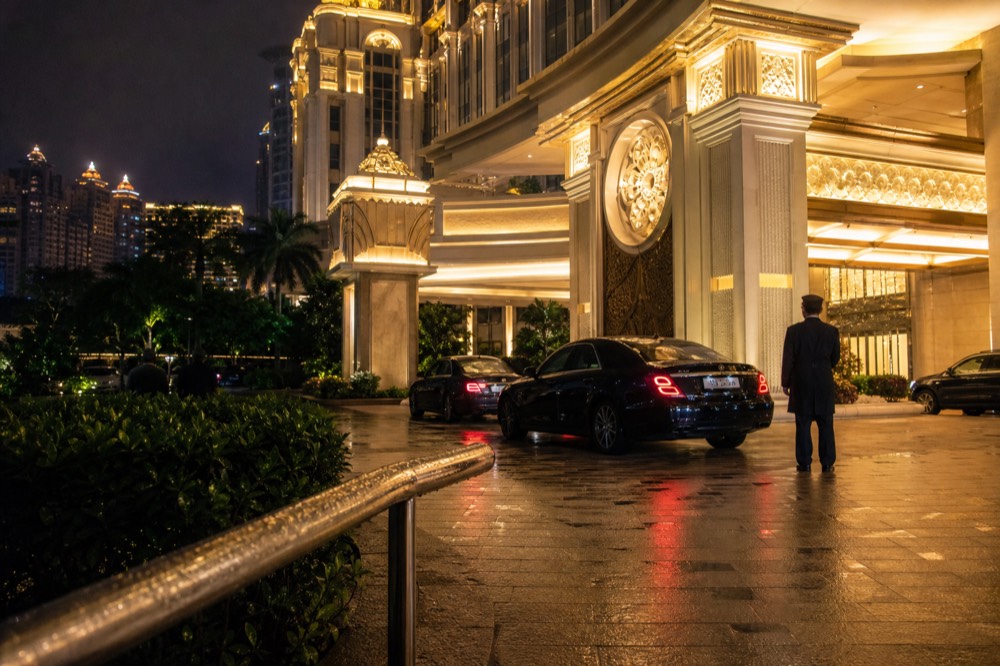 Cotai casino resort exterior lit up after dark
