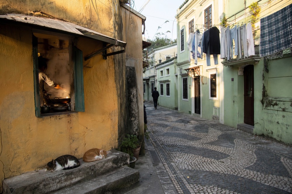 Taipa village street with old shophouses in late afternoon light