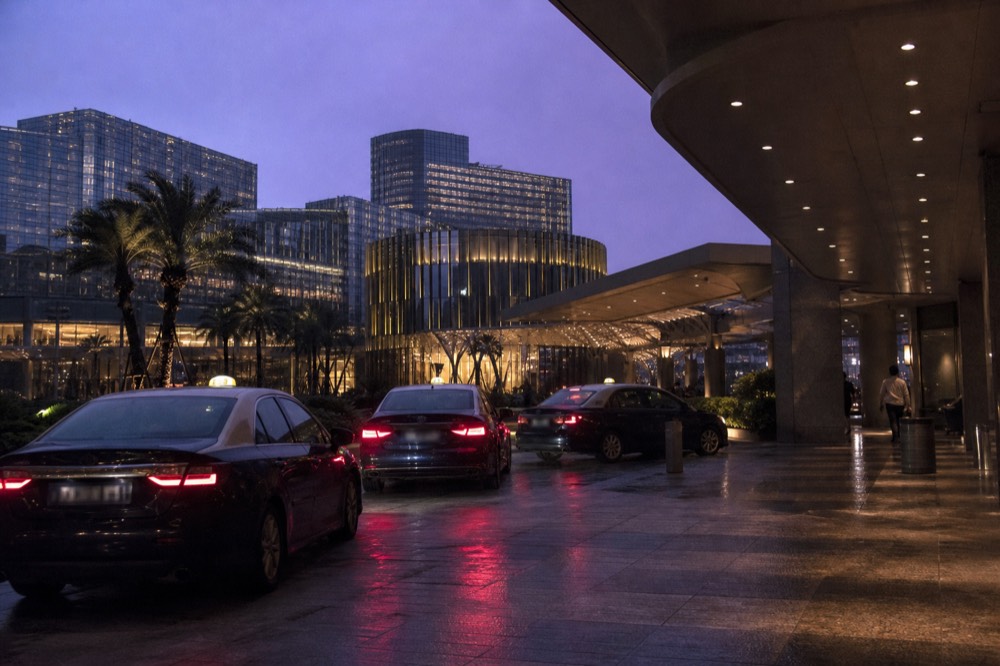 The exterior of the City of Dreams resort at dusk in Cotai Macau