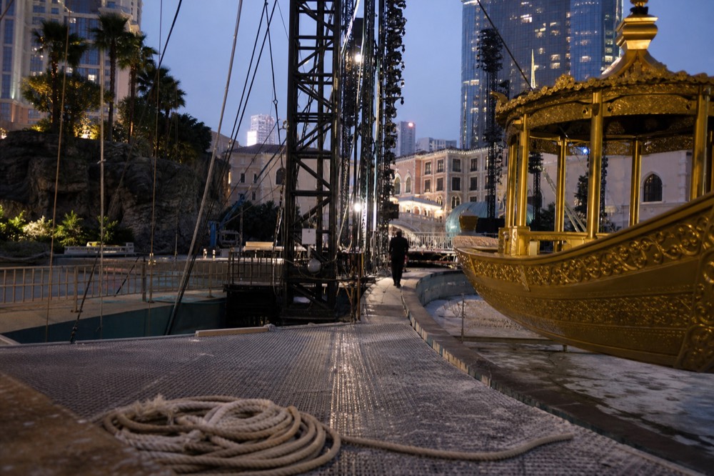 Stage props and rigging above the pool of the Dancing Water Theatre