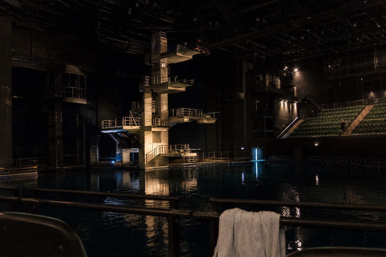 The flooded stage and diving platforms of the Dancing Water Theatre at City of Dreams Macau