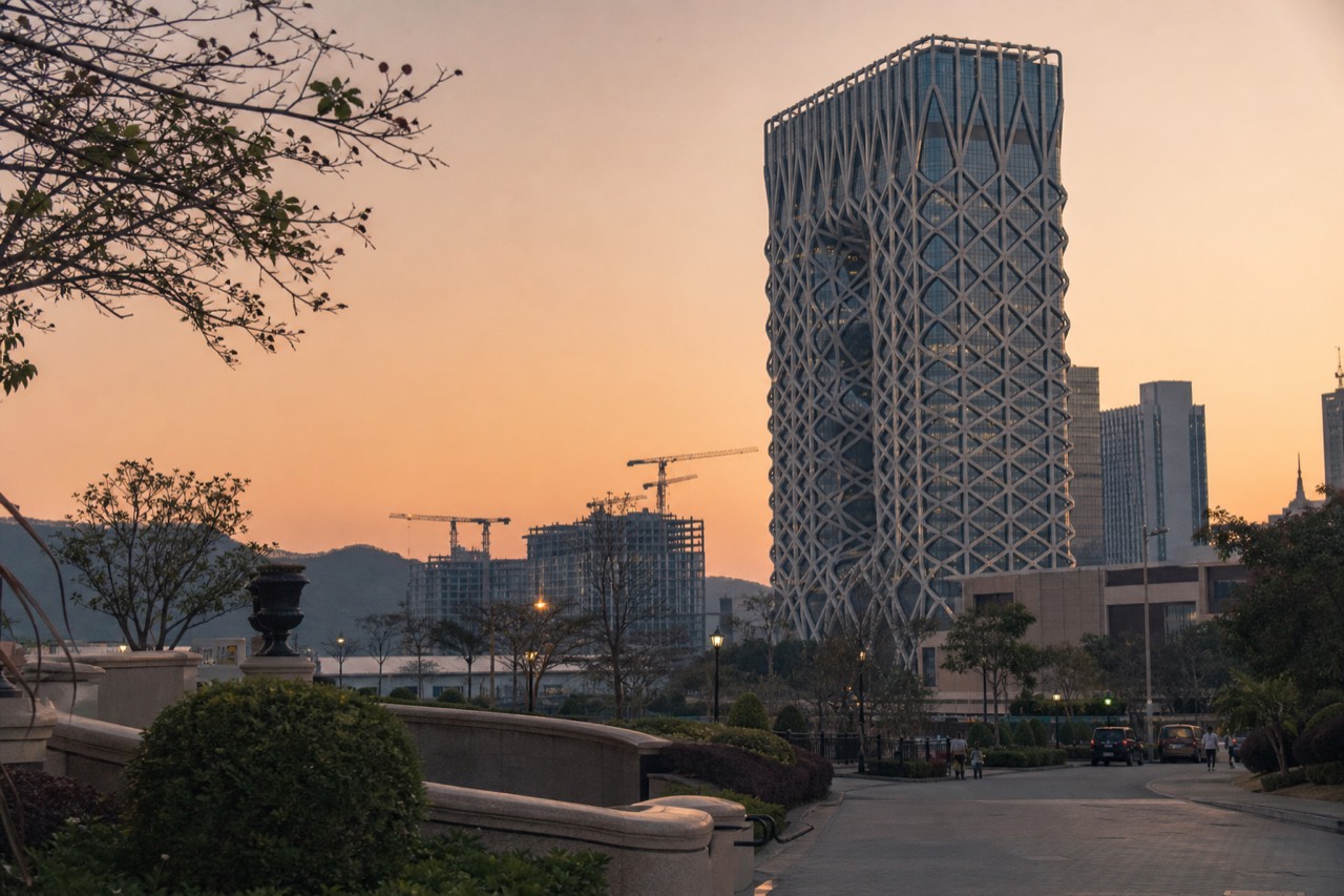 Macau Cotai skyline at dusk with resort towers