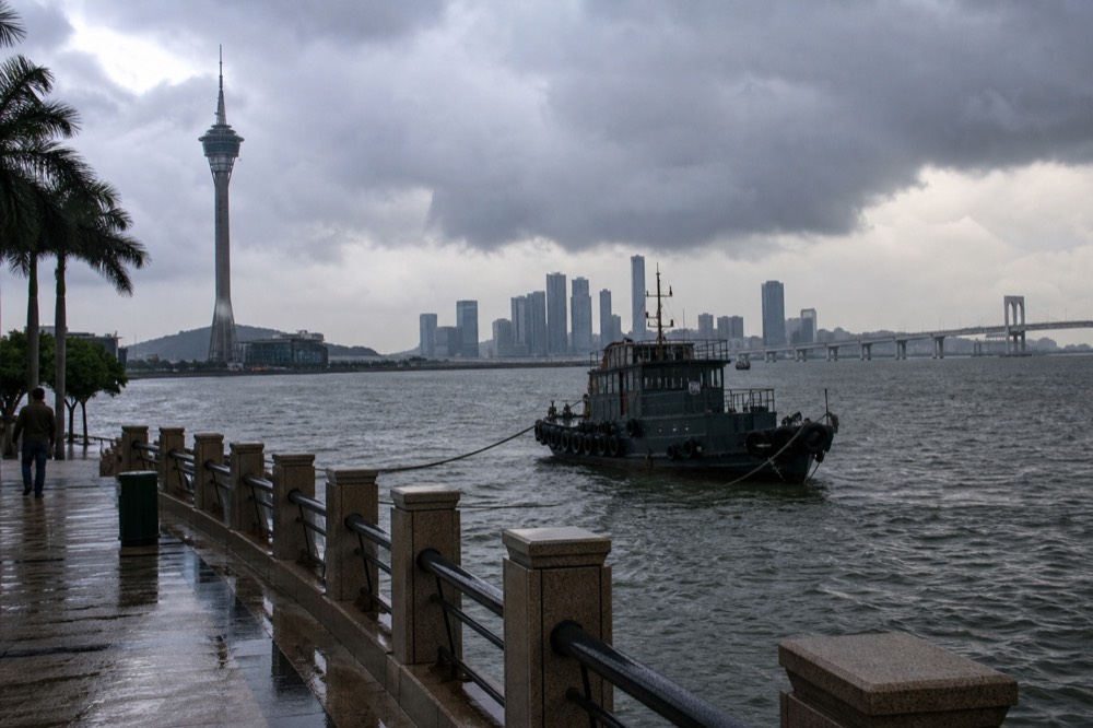 Storm clouds gathering over the Macau towers and harbour