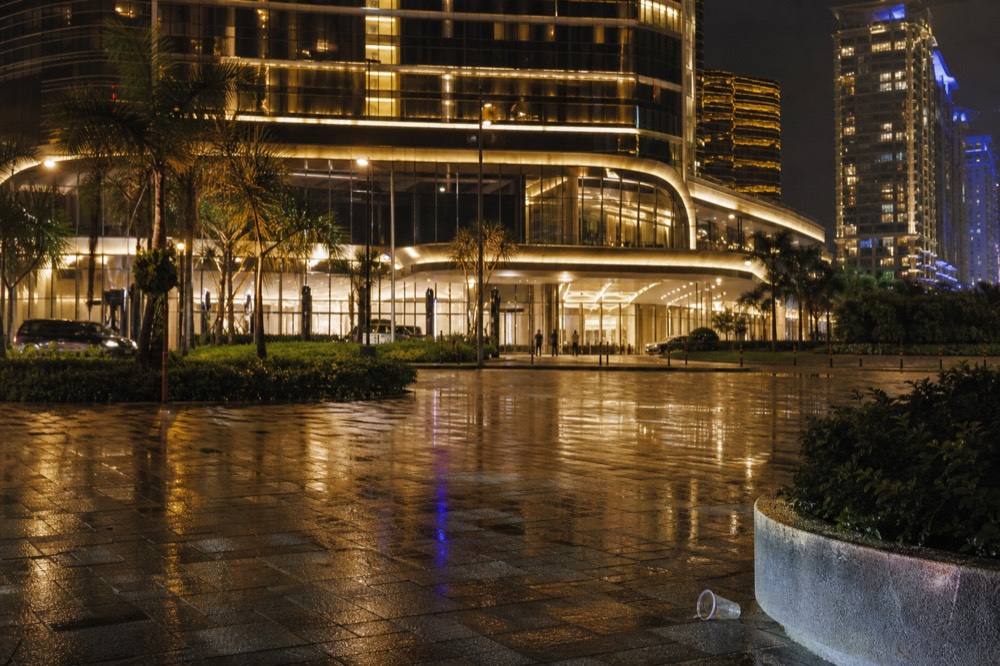 Cotai casino resort exterior glowing at night