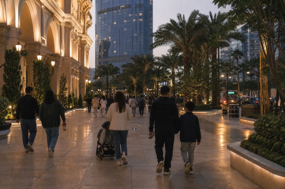 Evening crowds moving through an illuminated resort promenade toward a theatre