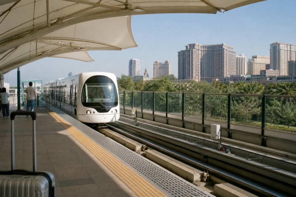 A Macau light rail train arriving at an elevated station in Cotai