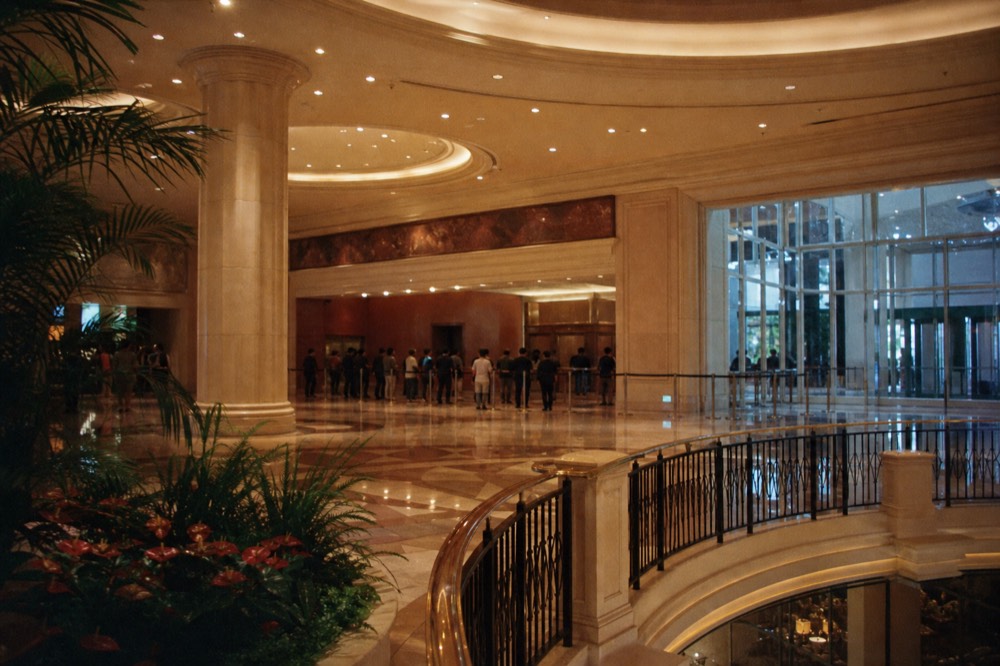Grand resort entrance lobby with theatrical lighting