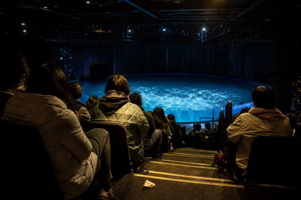 Theatre audience members wearing light jackets and layers in tiered seating before a performance