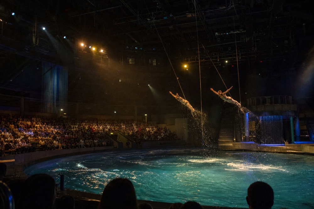 Performers mid-dive above the water stage during a House of Dancing Water scene