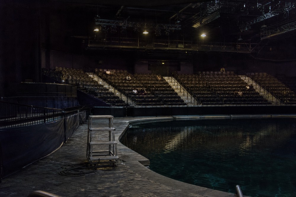 An empty Dancing Water Theater auditorium before an evening performance