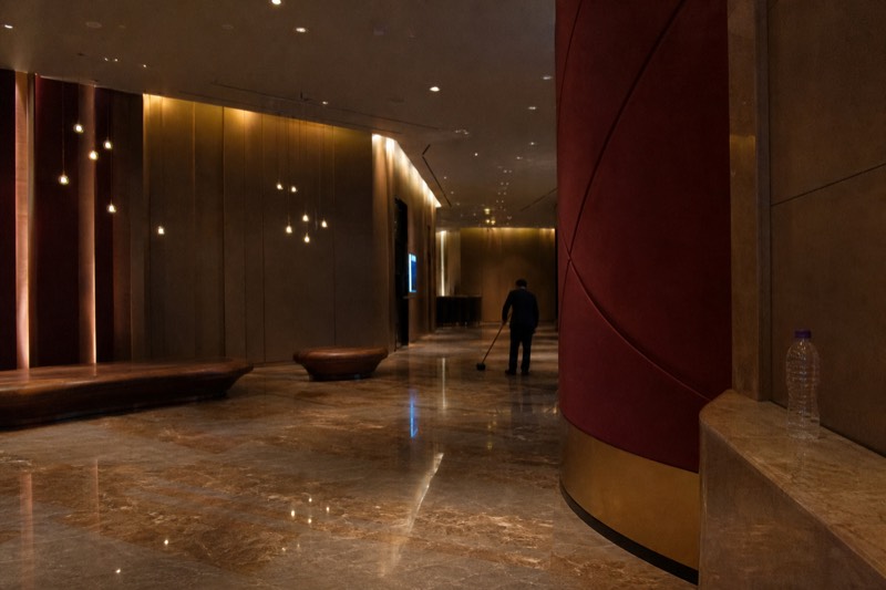 The quiet foyer of the Dancing Water Theatre at City of Dreams shortly before doors open