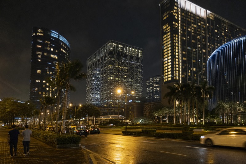 The towers of the City of Dreams resort on Estrada do Istmo, Cotai, Macau, at night