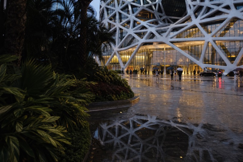 The Dancing Water Theatre entrance at City of Dreams, Cotai, Macau, lit for an evening performance