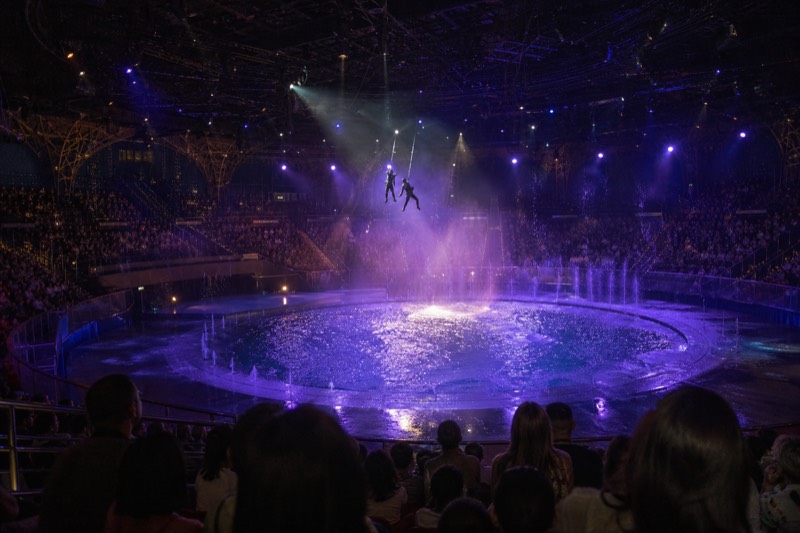 Performers mid-air above the lit pool during a scene at the Dancing Water Theatre in Macau